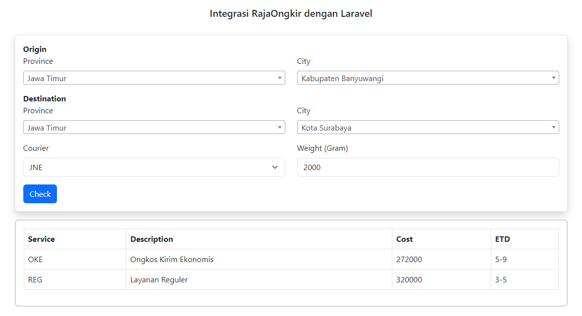 cek ongkir rajaongkir laravel