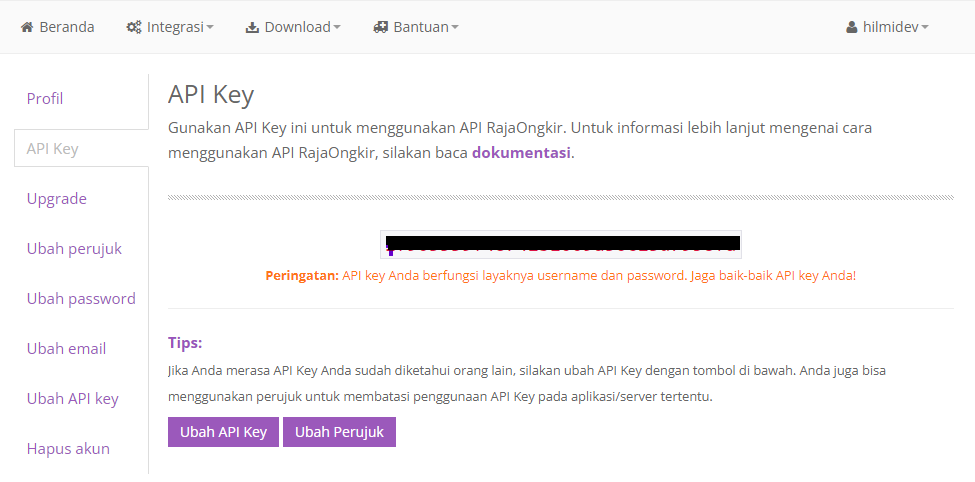 Raja Ongkir API Key